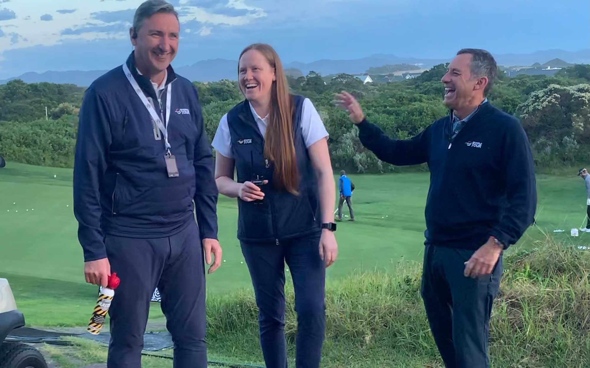 The DP World Tour in South Africa: Claire with Kevin Feeney, Deputy Director of Tour Operations (left) and David Williams, Senior Tournament Director (right)
